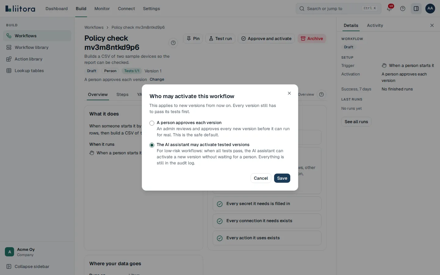 The Who may activate this workflow dialog with the two choices