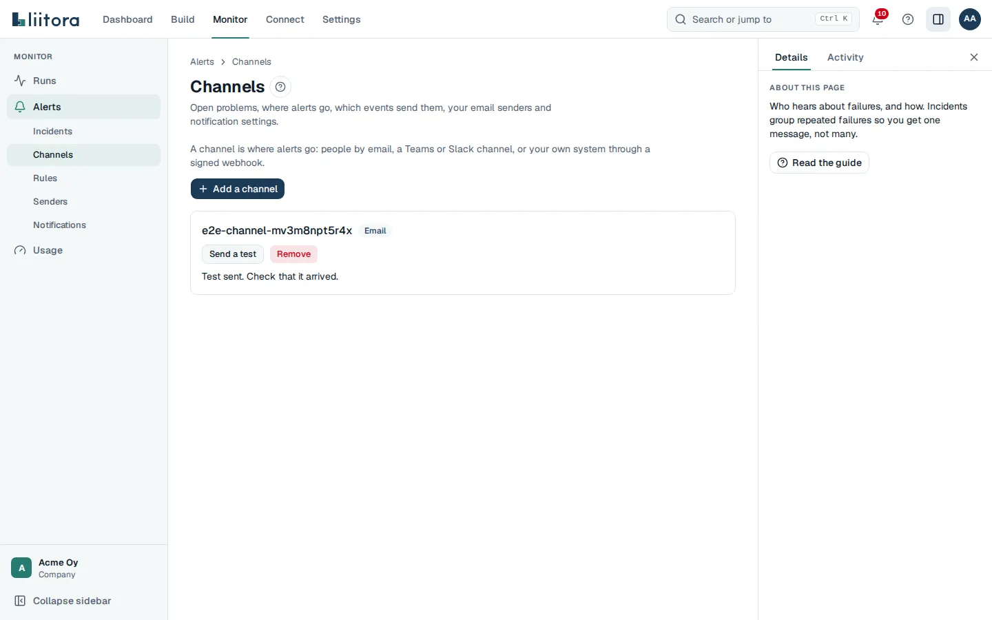 The Channels tab with an email channel and its Send a test and Remove buttons