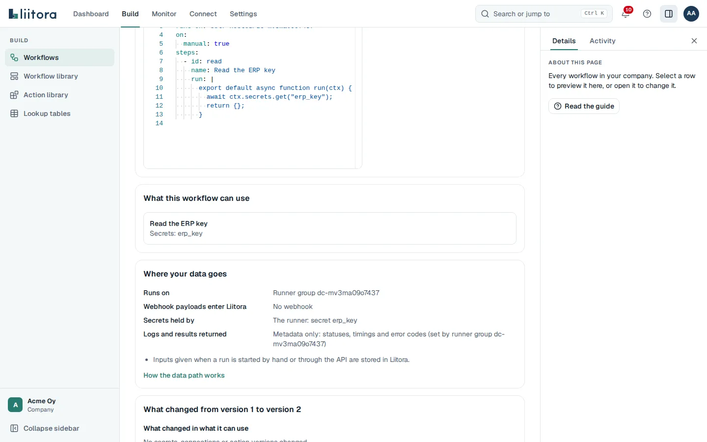 The Where your data goes card on the approval page, under What this workflow can use, for a version that runs on a runner group.