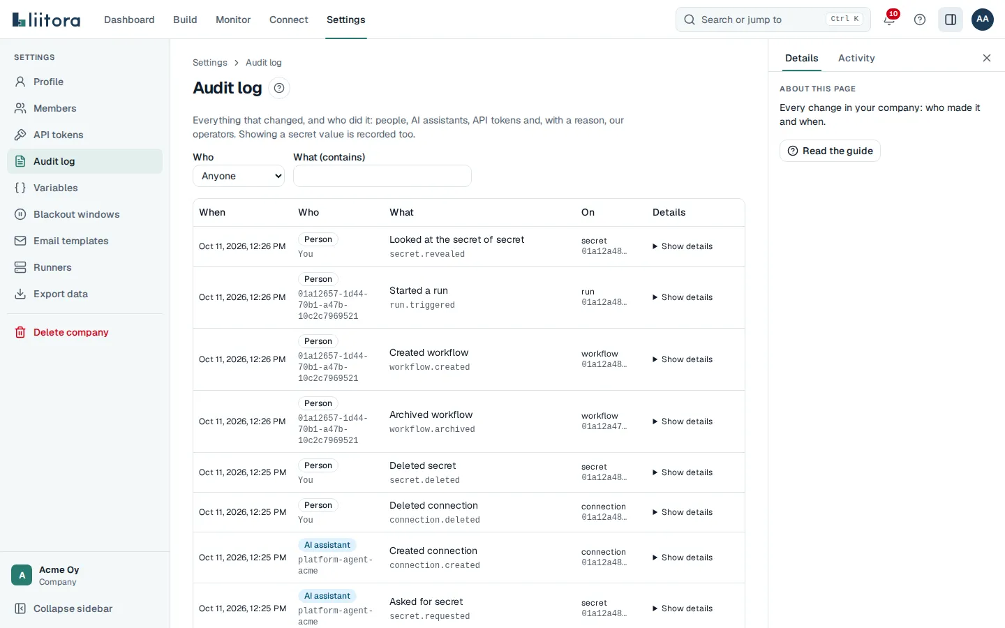 The Audit log tab: entries with when, who, what and on which object, with filters for who and what