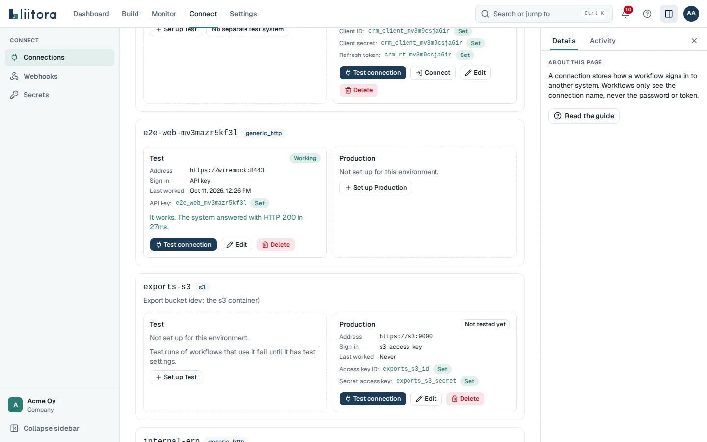 The Connections page. Each connection shows its test and production setup side by side, with the address, sign-in method, the secrets it uses with their status, and buttons to test, edit or delete.