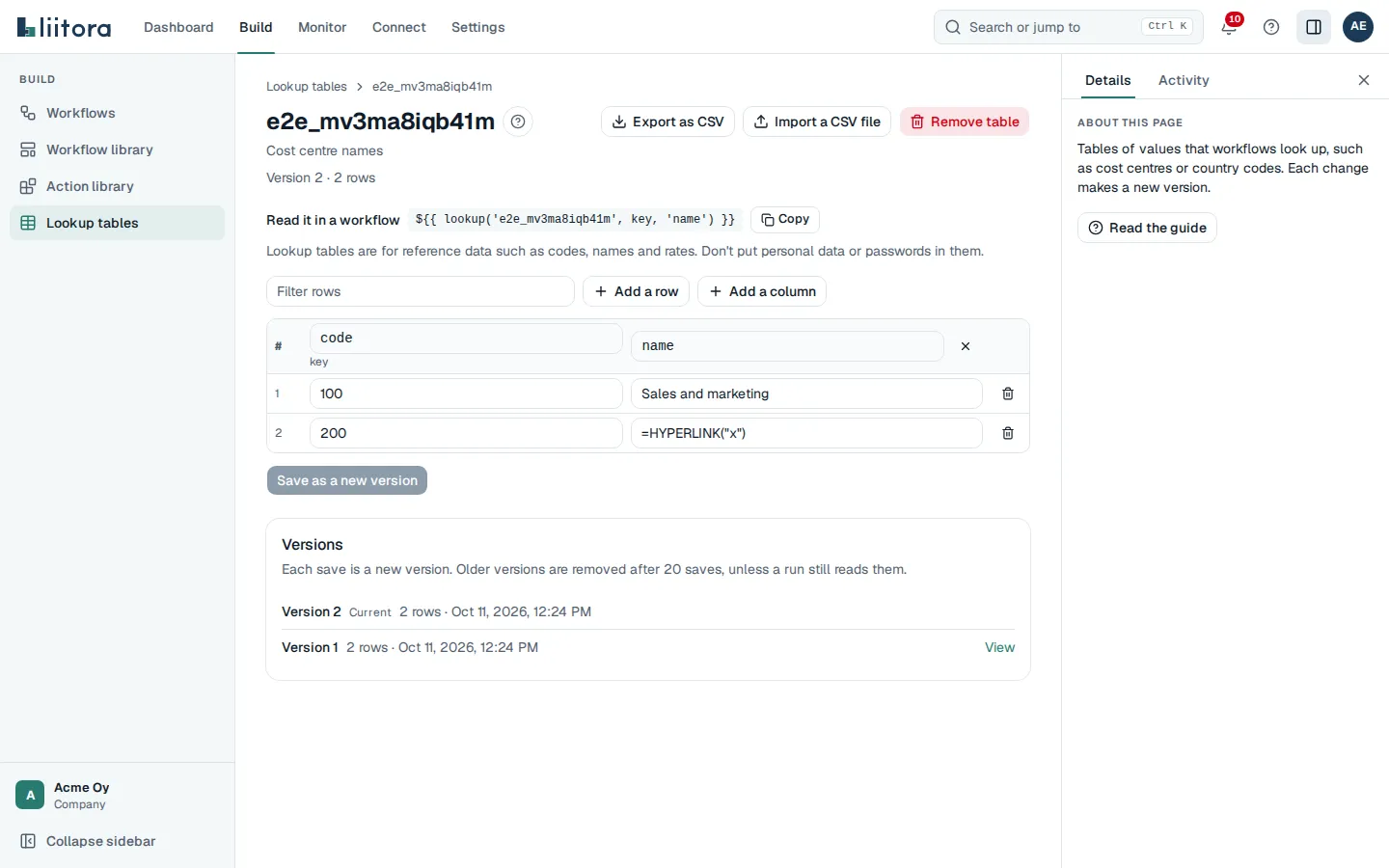 A lookup table open in the editor: the expression to read it with a Copy button, a grid of codes and names, a Save as a new version button, and the list of versions with a View link for the older one