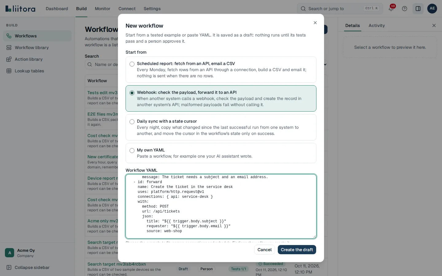 The New workflow form with the tested examples, My own YAML and the Workflow YAML box