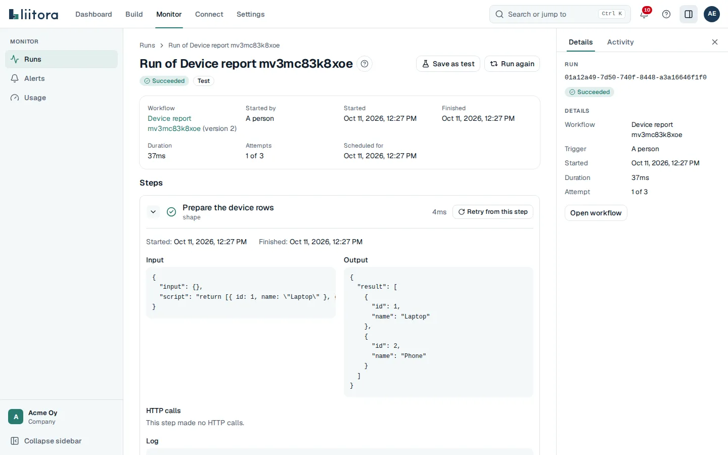 A finished run. The top shows the workflow, what started it, the start and finish times, the duration and the attempts. Below, a step is opened with its input, output, HTTP calls and log. On the right are the Files and Result panels.
