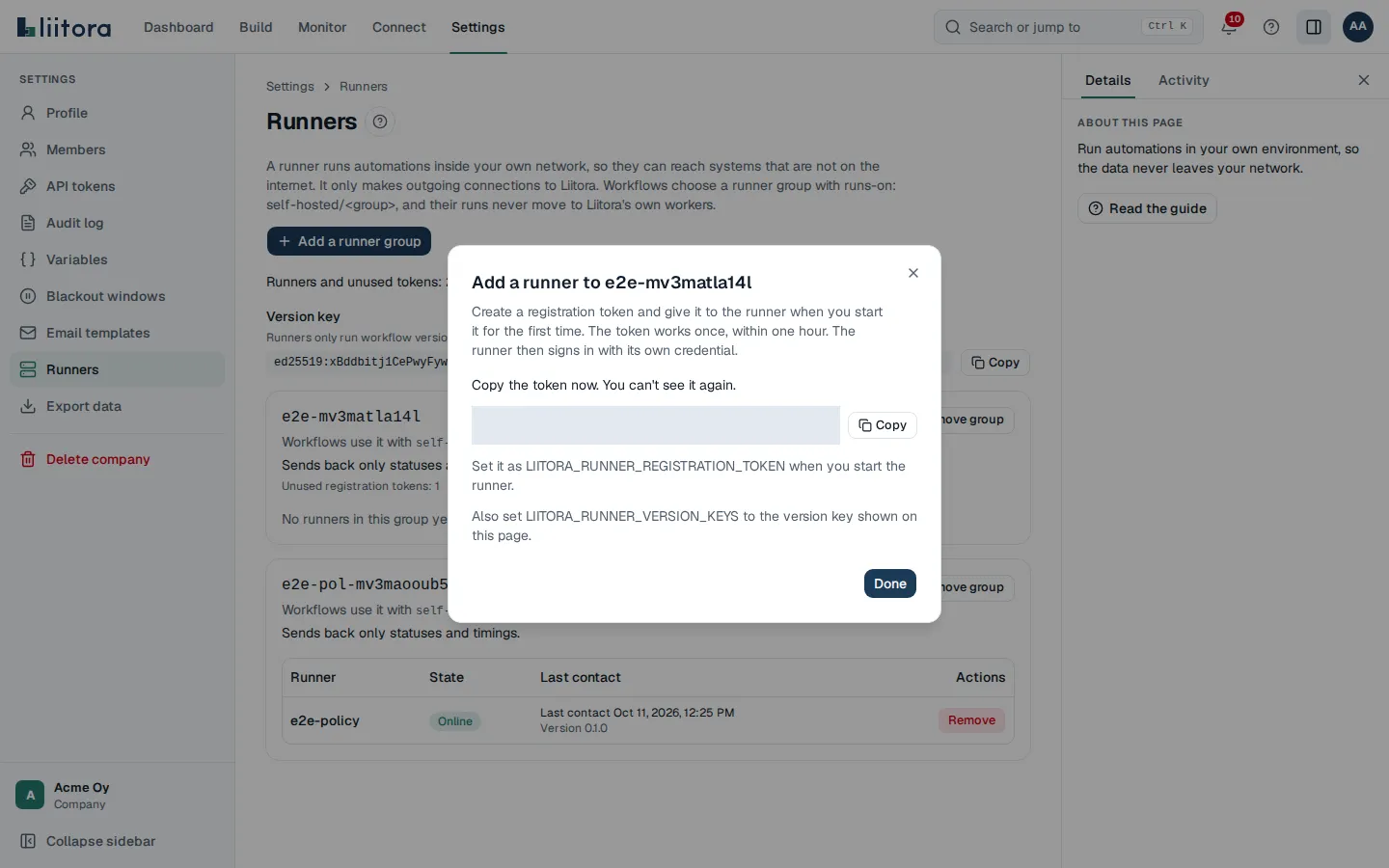 The Add a runner dialog with a new registration token and the settings to start the runner with