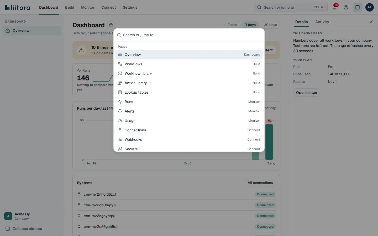 The search window open over the Dashboard. It has a search box at the top, the Pages group with Overview, Workflows and the other pages, and the Commands group below.