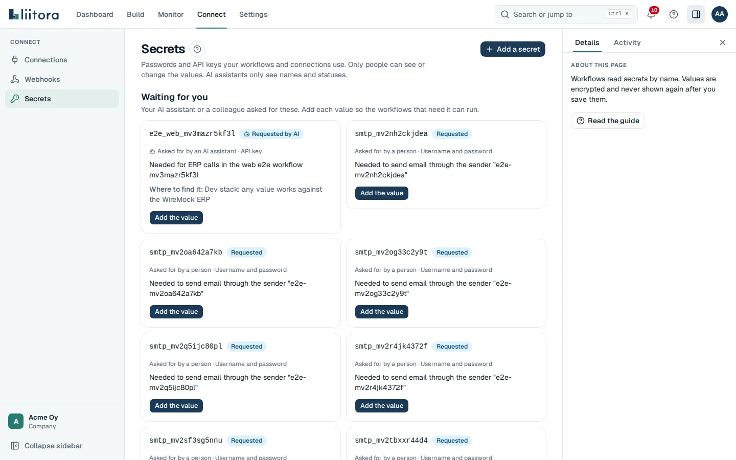 The Secrets page. A “Waiting for you” card shows a secret requested by an AI assistant with an Add the value button. Below, the All secrets table lists names, kinds, statuses, what uses them and when they last changed.