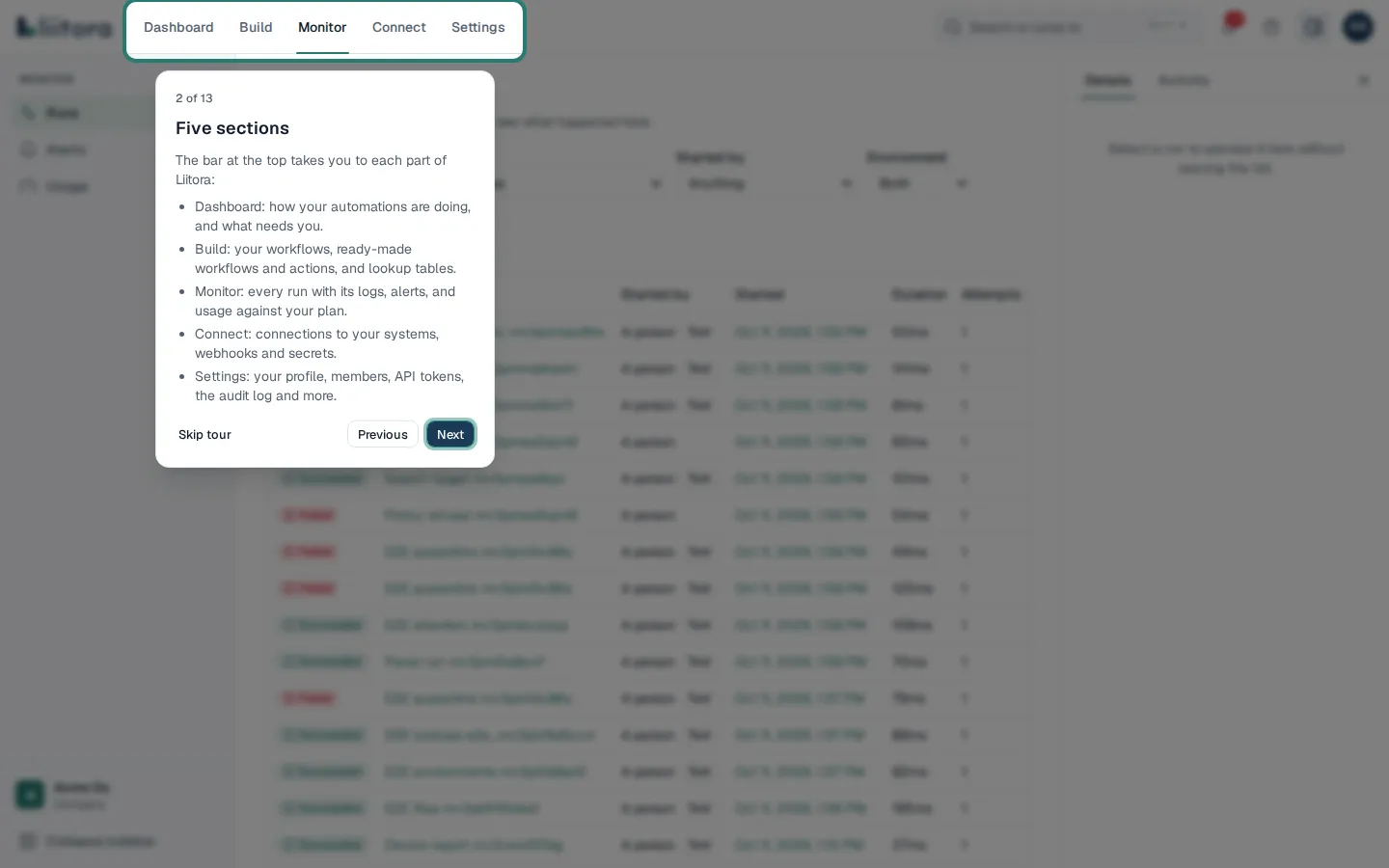 The tour pointing at the five sections in the top bar. The rest of the page is dimmed, and a card lists what each section holds, with Skip tour, Previous and Next.