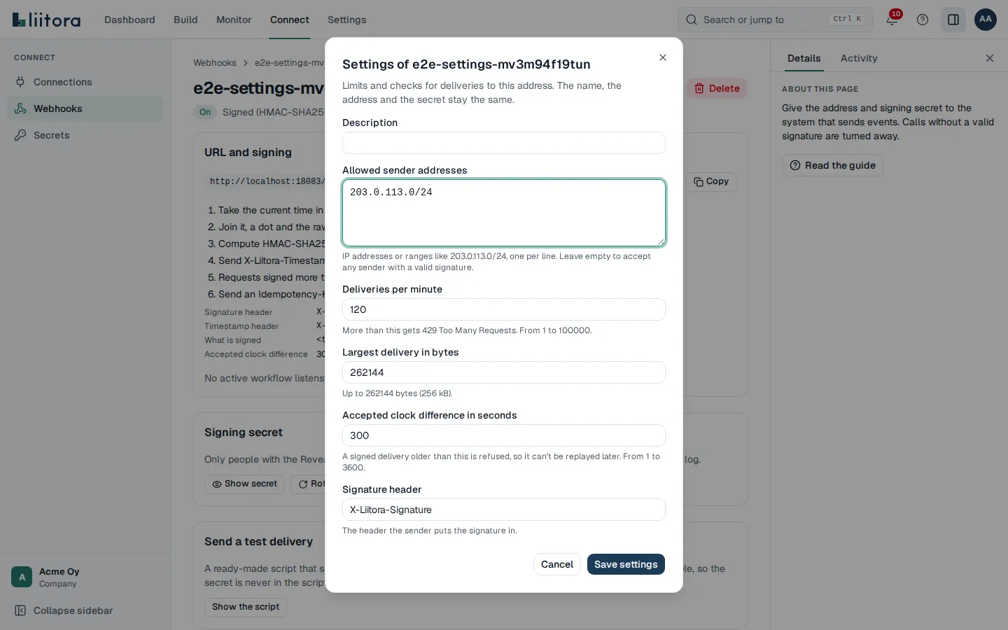 The settings form of a webhook endpoint with its limits and allowed senders