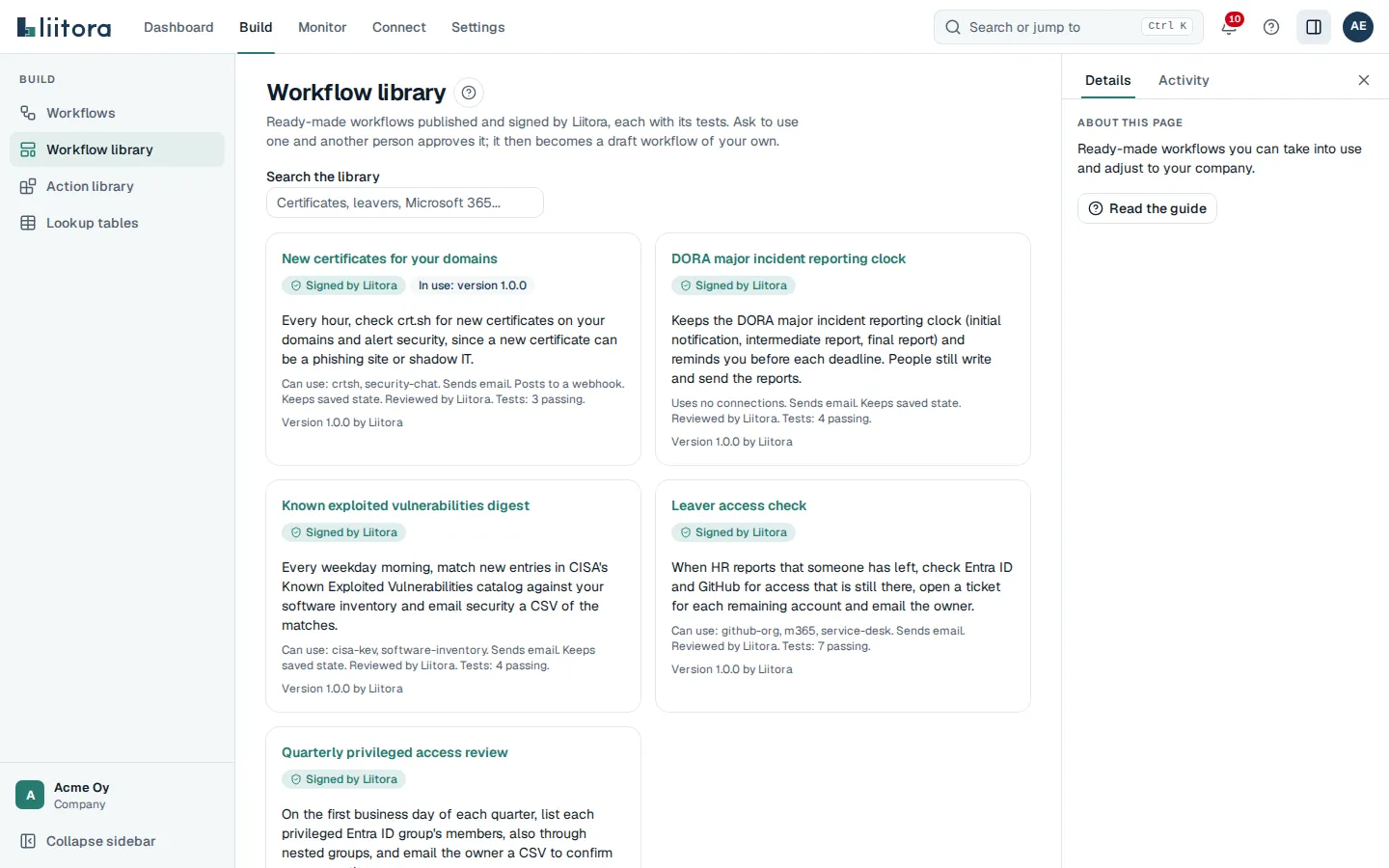 The workflow library: cards for five signed workflows, each with a Signed by Liitora badge, a one-line summary of what it can do, and its version, with the list of requests below