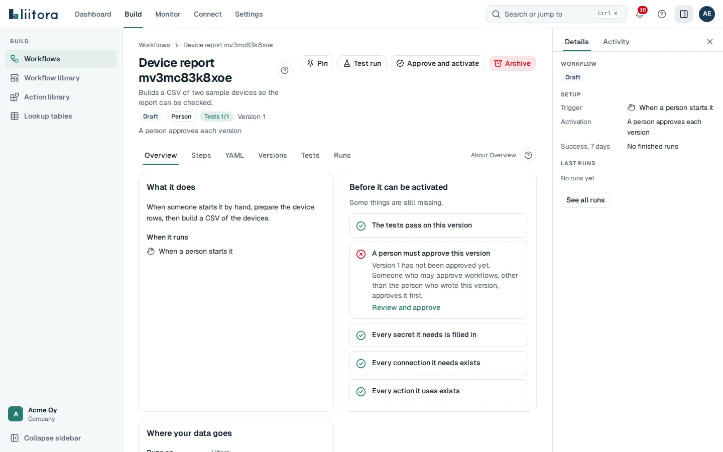 The Overview tab: the plain-English summary, when it runs, and the checklist of what is still missing before activation