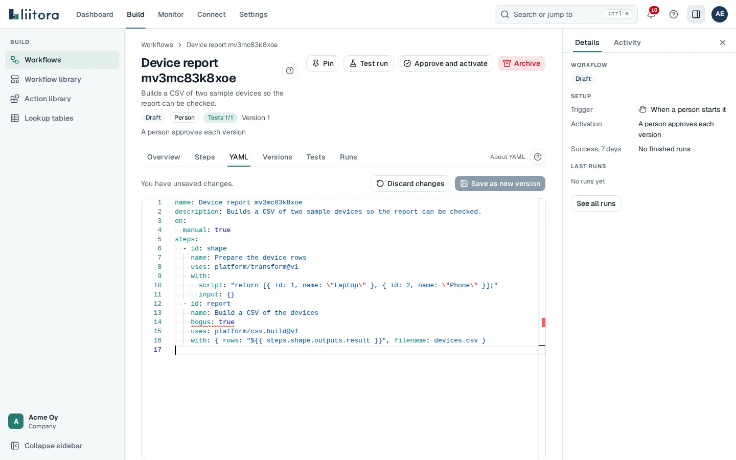 The YAML tab with the editor on the left and a problem marked on a line, with the plain-English summary and the list of problems